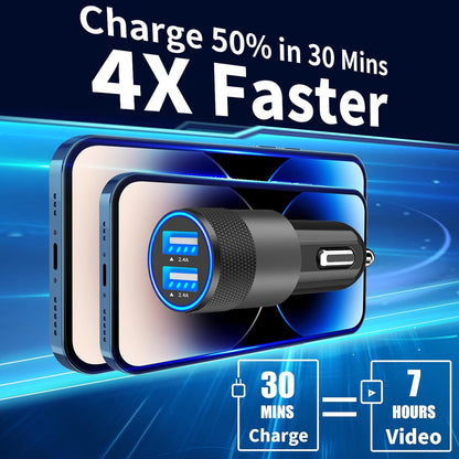 【Mfi Certified】Iphone Car Charger Fast Charging,  4.8A Dual USB Smart Power Cigarette Lighter USB Car Charger with 2Pack Lightning Braided Cable for Iphone 14 13 12 11 Pro XS Mini XR X SE Ipad