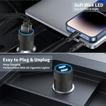 【Mfi Certified】Iphone Car Charger Fast Charging,  4.8A Dual USB Smart Power Cigarette Lighter USB Car Charger with 2Pack Lightning Braided Cable for Iphone 14 13 12 11 Pro XS Mini XR X SE Ipad
